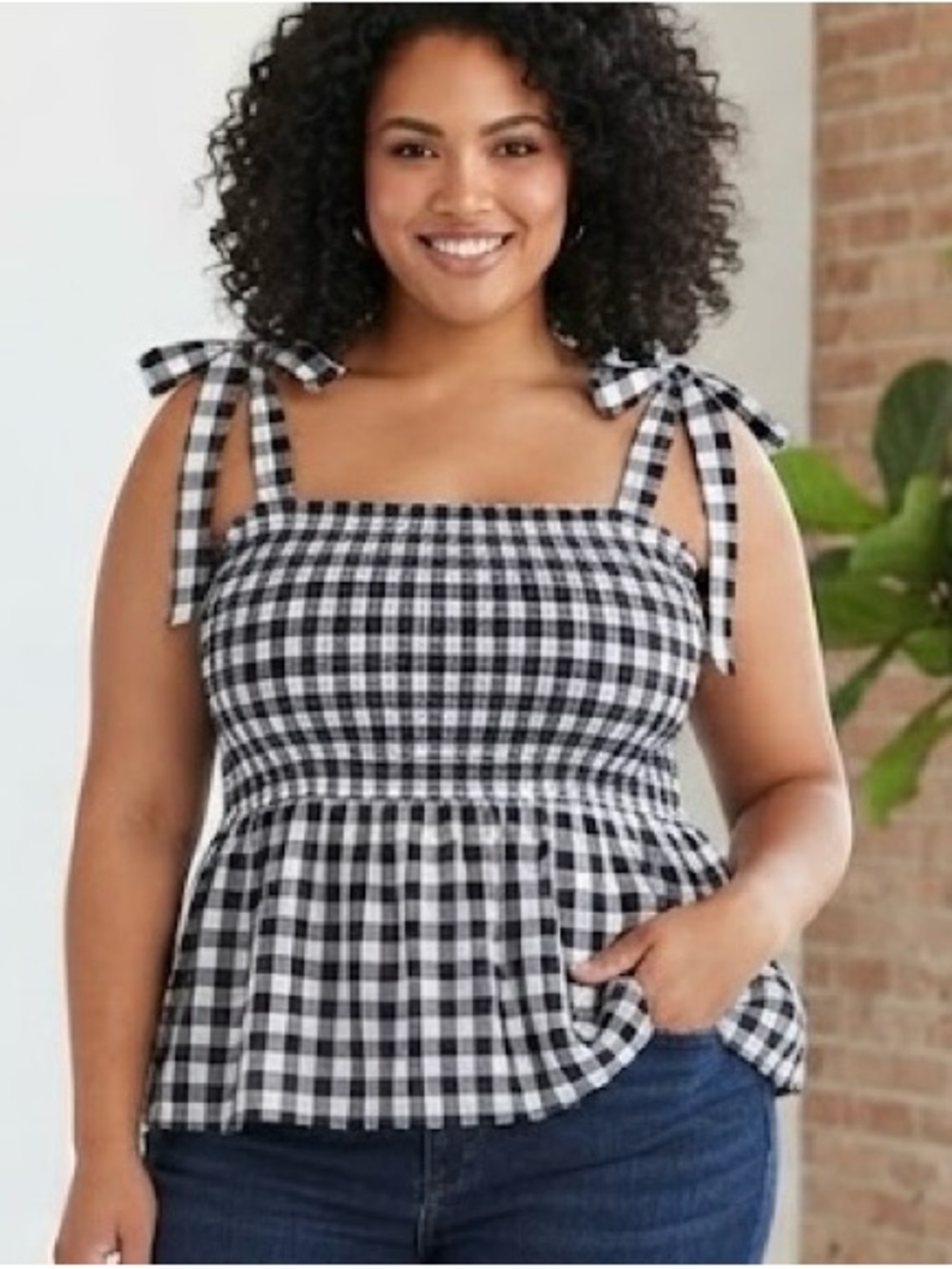 Old Navy Black & White Gingham Tie-Shoulder Peplum Camisole
